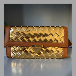 Sac baguette en cuir tressé doré & marron